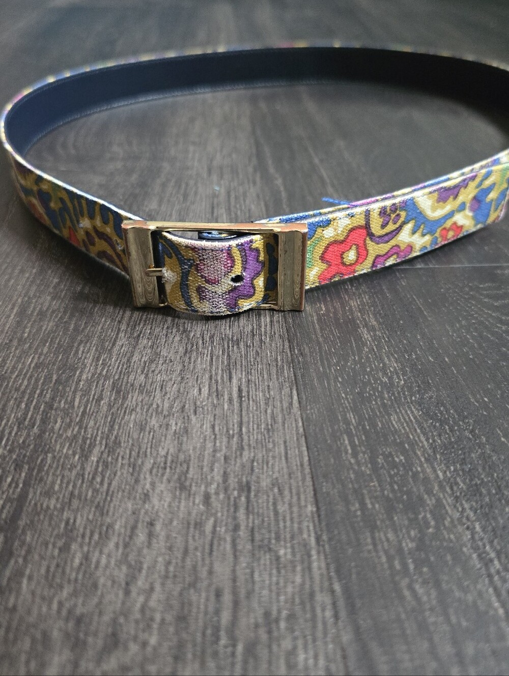 Reversible Belt Navy Leather Abstract Floral Print Gold Buckle Vintage 1"